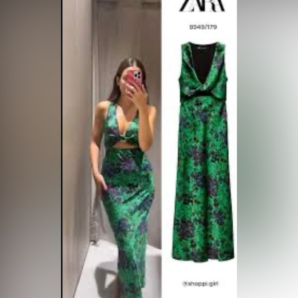 New Zara Green Floral Cutout Midi Dress - Picture 6 of 11